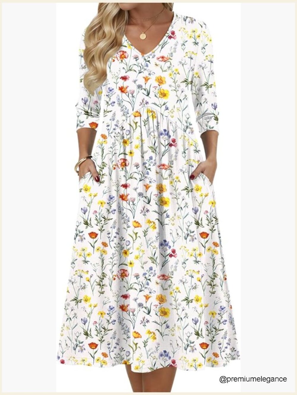 Midi Dress With 3/4 Sleeves And Pockets, Semi-Formal Casual Wear